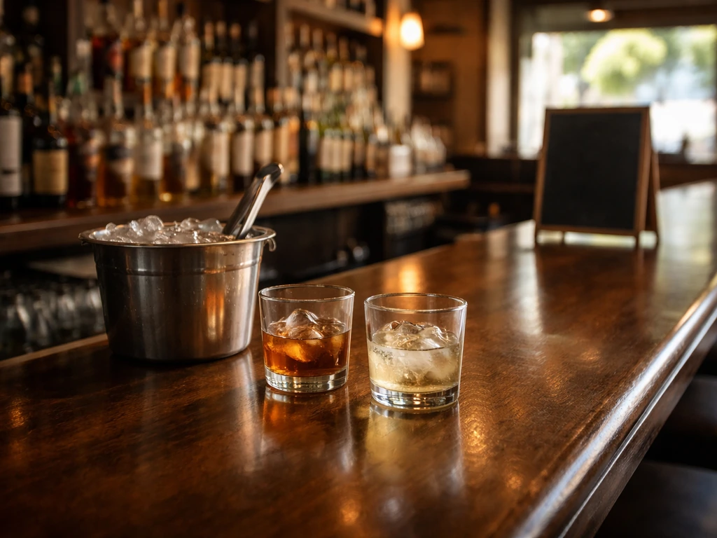Close view of a bar counter with neatly arranged bottles and two glasses, suggesting happy hour drinks