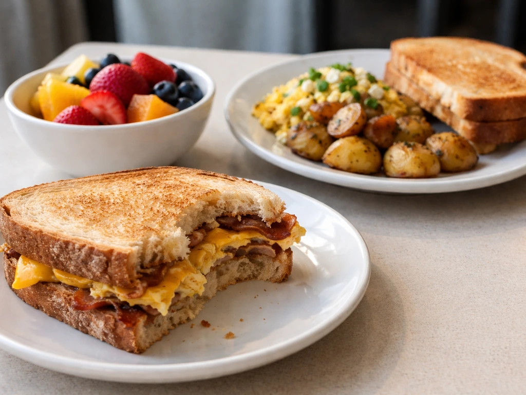 Close-up of three plated breakfast items with portions visible on a simple table setting.