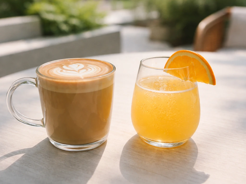 Specialty latte with detailed foam art and a brunch mimosa-style drink on a patio table