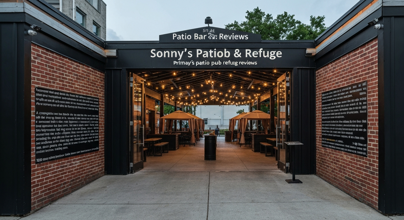 Wide view of Sonny's Patio Pub & Refuge outdoor patio with string lights, tables, and cabanas at dusk.